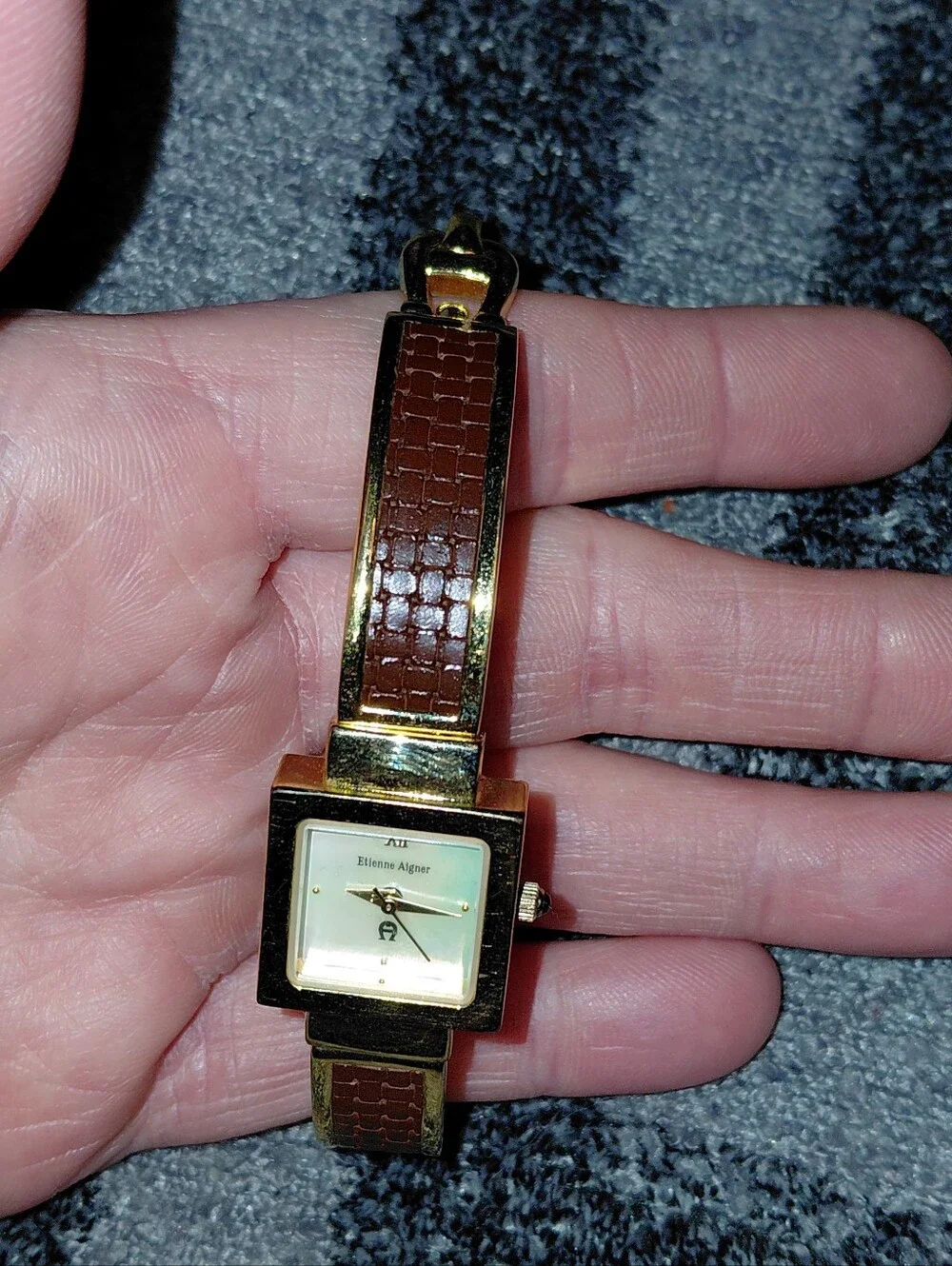 Vintage Etienne Aigner Square Watch Mother of Pearl Gold Brown Equestrian Y2K CC
